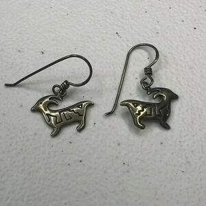 WOODS 925 Sterling Silver Signed Vintage Stamped Native Goat Dangle Earrings